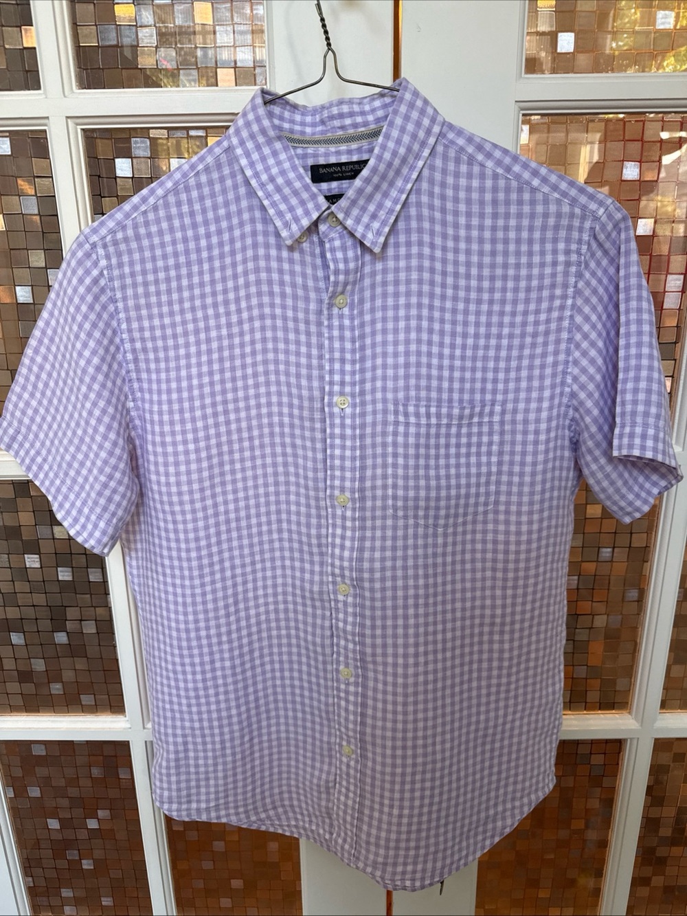 Banana Republic Lavender Gingham Short-Sleeve Button-Down Shirt